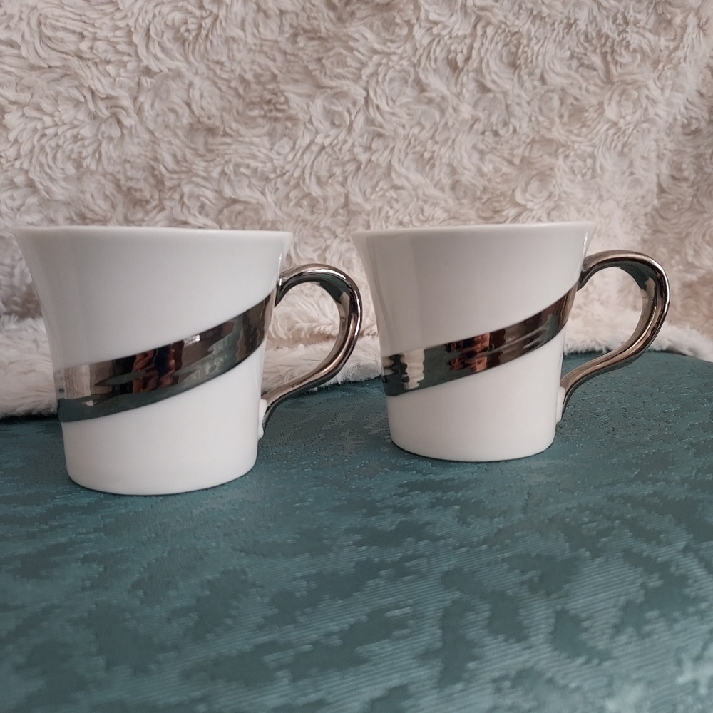 Coffee Me Elegant White and Silver Demitasse Espresso Cups (2) Java
